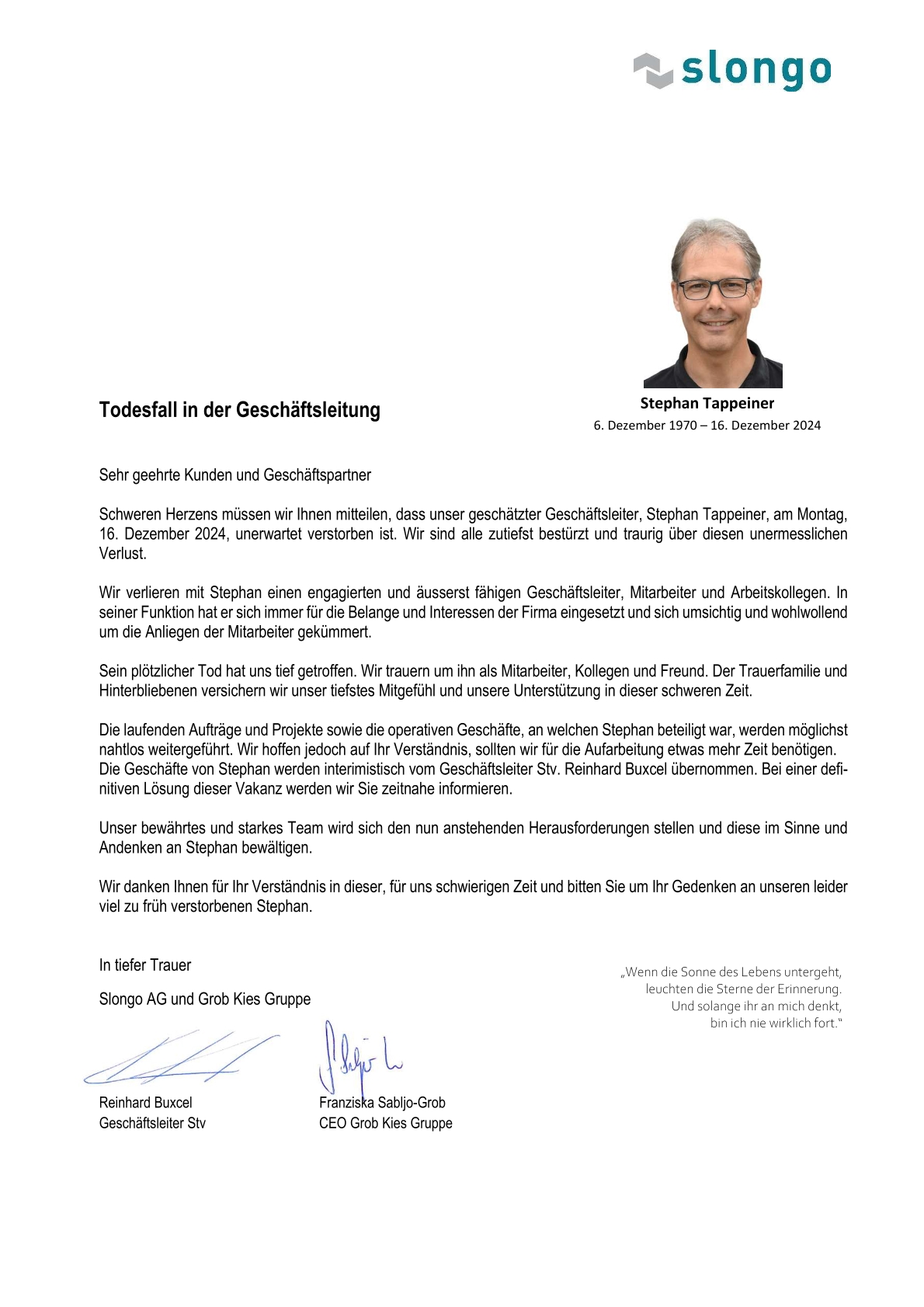 Information Geschaftspartner Todesfall